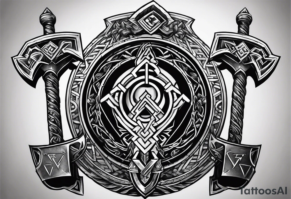 Valhalla stairs sword shield axe Valknut tattoo idea
