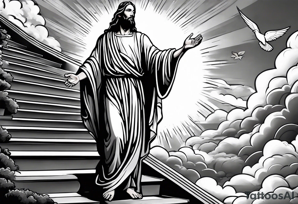 Jesus standing on a flight of stairs with clouds, sunshine and a dove in the background on the upper arm tattoo idea