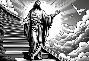 Jesus standing on a flight of stairs with clouds, sunshine and a dove in the background on the upper arm tattoo idea