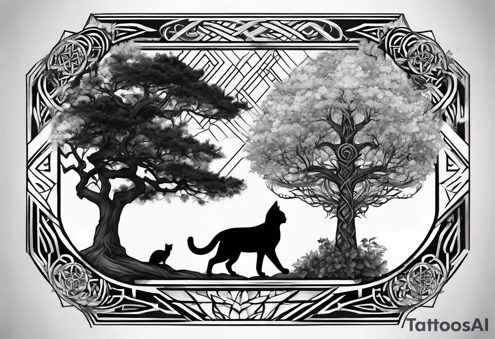 world tree with a cat and a raven and knotwork upper arm tattoo tattoo idea