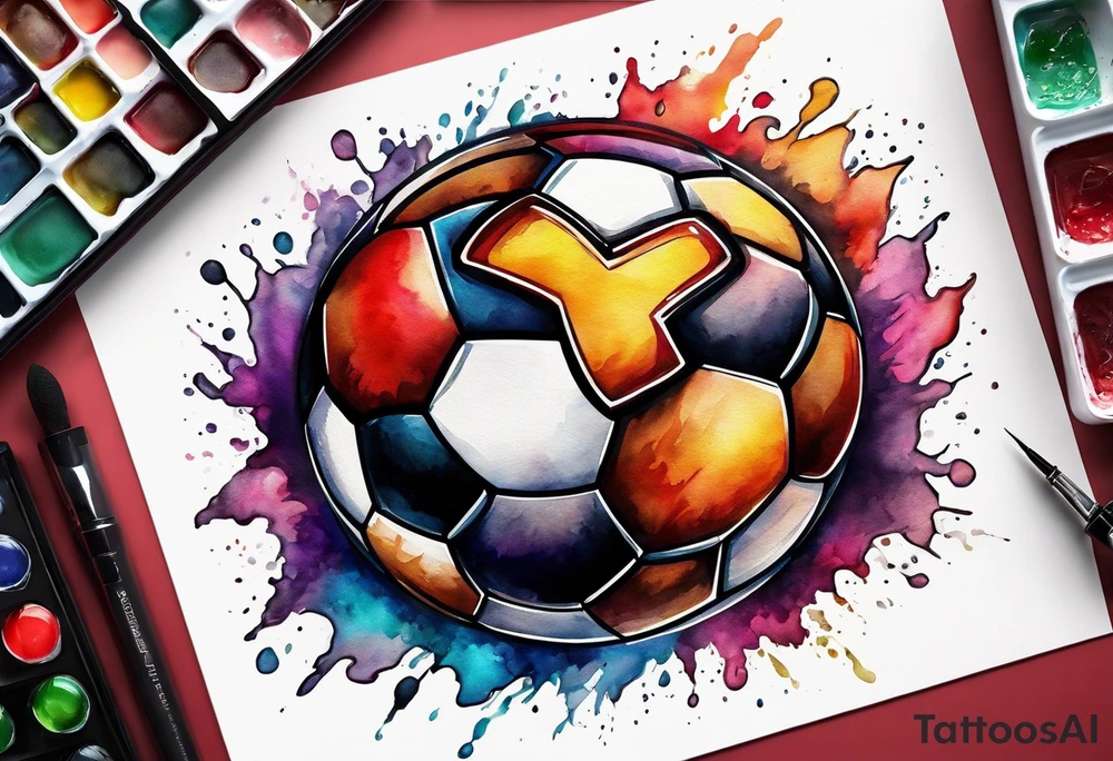 Cross made out football leather with watercolor background tattoo idea