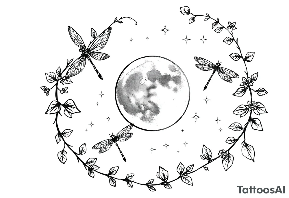 arm, background that contains, vines, dragonflies, stars, celestial moon tattoo idea