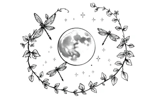 arm, background that contains, vines, dragonflies, stars, celestial moon tattoo idea