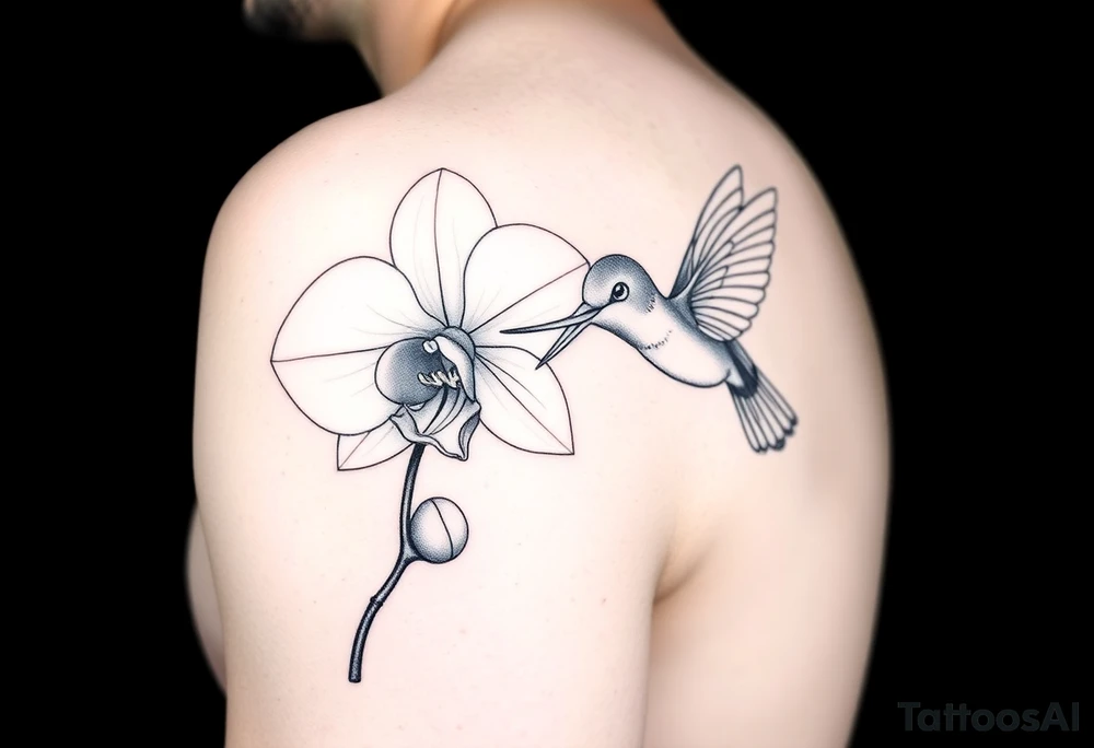 A delicate, black and white fine-line tattoo for make, featuring a gracefully detailed orchid in full bloom (stem and at least 2 flowers), with soft, intricate petals and elegant curves. Beside it, a hummingbird hovers mid-flight, its wings drawn with subtle motion lines, its slender beak reaching toward the orchid’s center to drink its nectar. The design captures a sense of balance and harmony, with the contrast between the stillness of the flower and the gentle energy of the bird. Perfectly suited for the upper arm, this piece combines nature’s beauty and movement in a timeless style tattoo idea