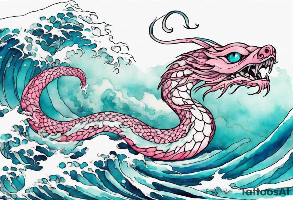 a turquoise and white and pink sea serpent with beautiful eyes emerging from the blue waves of the ocean tattoo idea