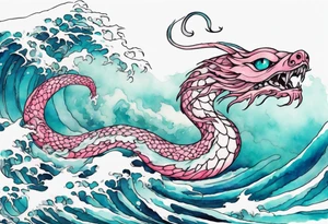 a turquoise and white and pink sea serpent with beautiful eyes emerging from the blue waves of the ocean tattoo idea