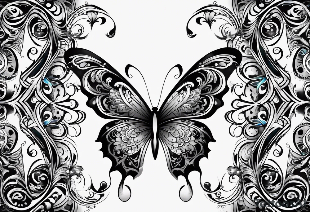 Dark ornamental, borboleta abstrata com uma adaga vertical centralizada no meio da horboleta tattoo idea