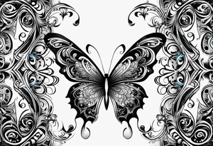 Dark ornamental, borboleta abstrata com uma adaga vertical centralizada no meio da horboleta tattoo idea