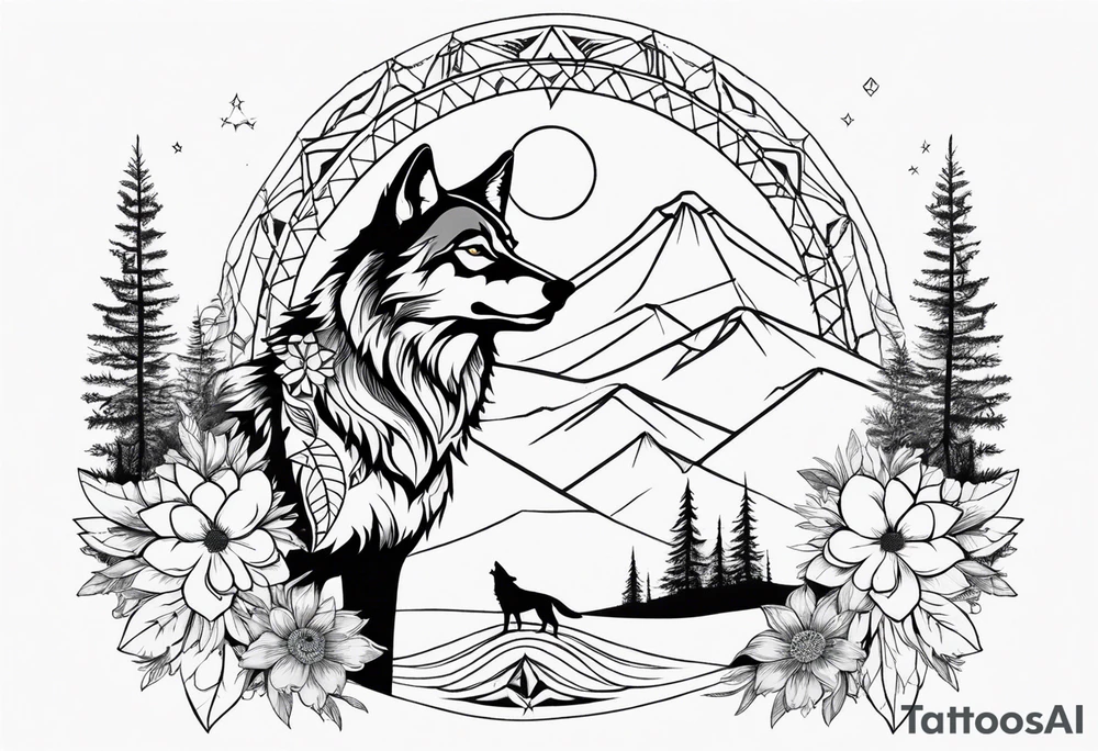 A whimsical wolf tattoo featuring mandala or dream catcher elements, with the wolf as the central focus, surrounded by mountains in the background. Include flowers and nature elements to fill the space around the wolf. tattoo idea