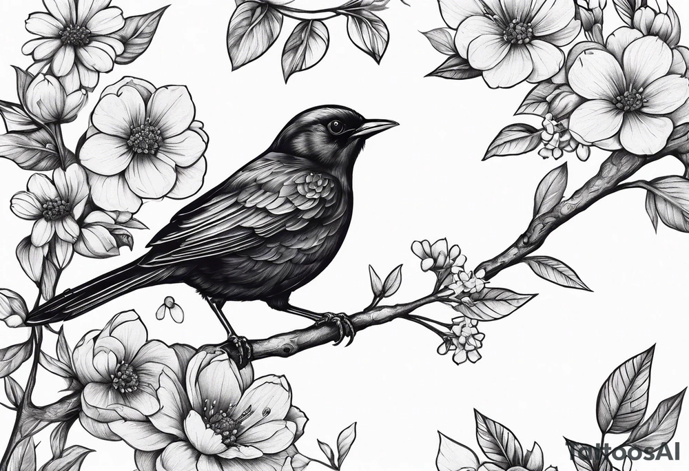 Black bird about to fly on a branch with flowers tattoo idea