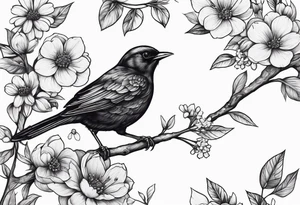 Black bird about to fly on a branch with flowers tattoo idea