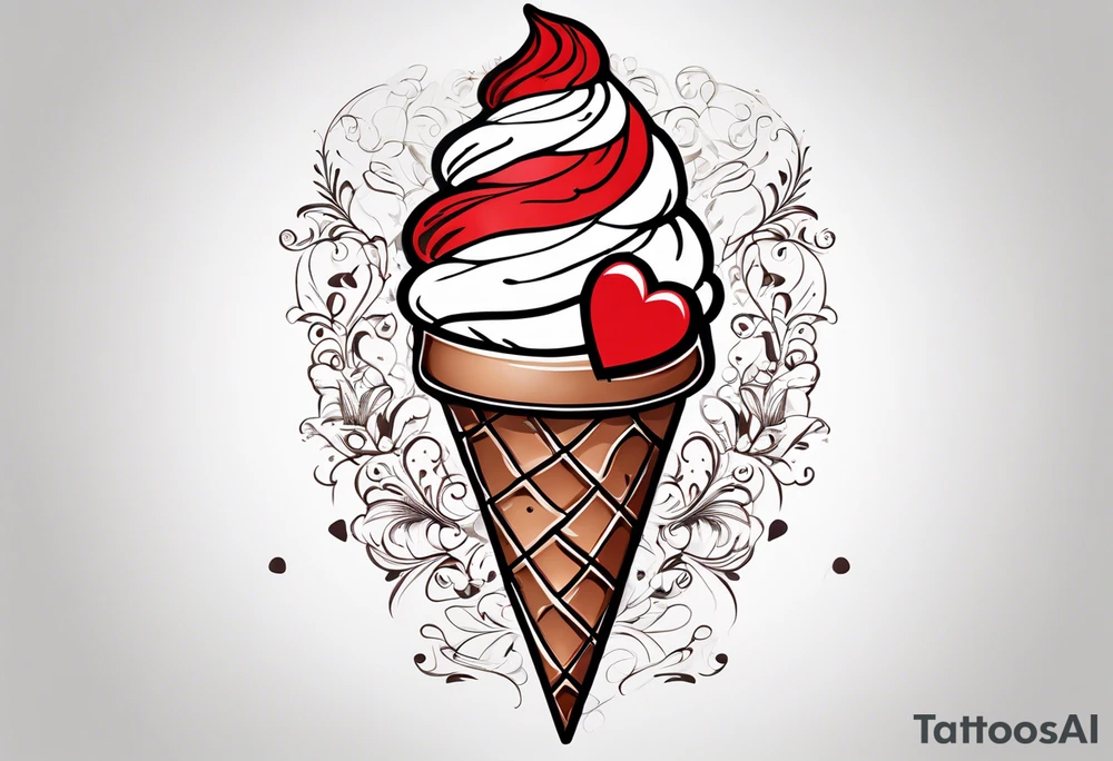 sketch chocolate chip ice cream cone with one red heart tattoo idea