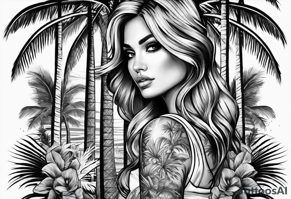 women's sleeve with palm trees tattoo idea