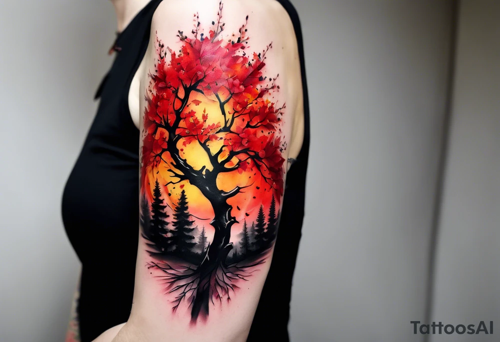 trash polka style. Arm tattoo. chest tattoo. Long tattoo. large tattoo. Full sleeve. Shoulder. A single large maple tree with red autumn leaves that branches upwards from wrist to shoulder. White-throated dipper bird on the trees branches. Calluna flowers at the base of the trees stem. Red/yellow sunset behind the trees stem. Leaves falling. tattoo idea