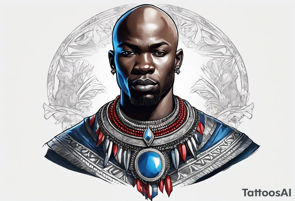 Black-skinned bald african warrior. He wears a simple and small silver crown. He uses blue and red necklaces tattoo idea