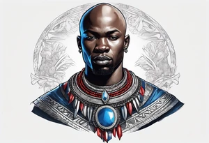 Black-skinned bald african warrior. He wears a simple and small silver crown. He uses blue and red necklaces tattoo idea