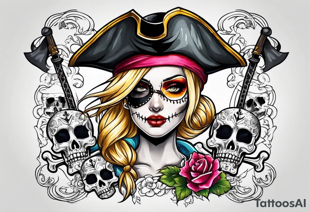 create a feminine pirate skull with two blonde pigtails and crossbones under tattoo idea