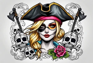 create a feminine pirate skull with two blonde pigtails and crossbones under tattoo idea