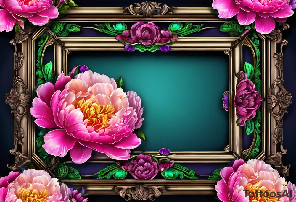 neon colorful peonies,neon colored, surrounding on the outside of a empty beautiful intricate rounded victorian style empty picture frame with filigree tattoo idea