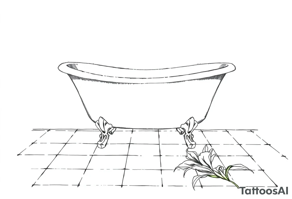 Clawfoot bathtub on tile floor with lily coming up from floor tattoo idea