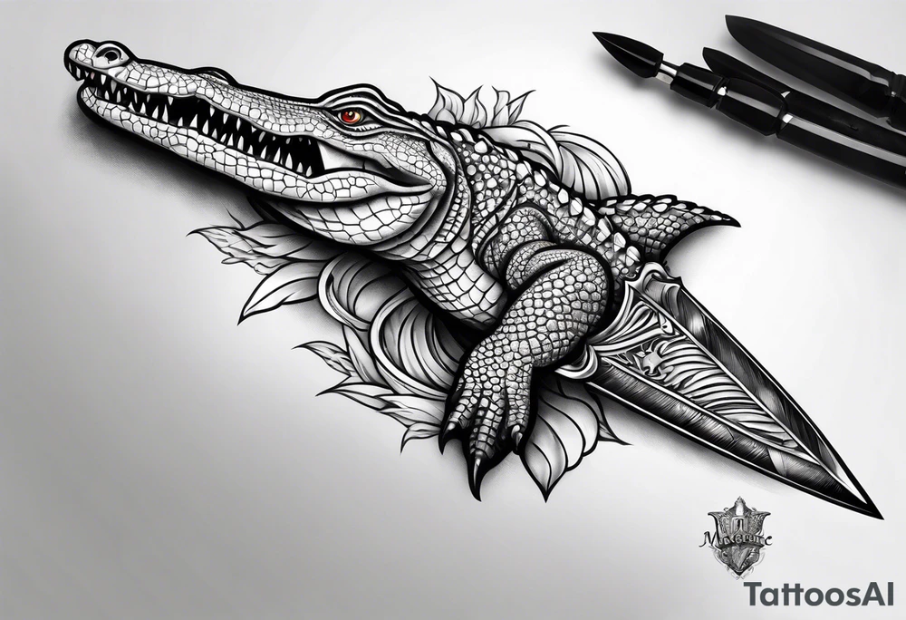 Dagger made out of an alligator with a sexy woman on the handle tattoo idea