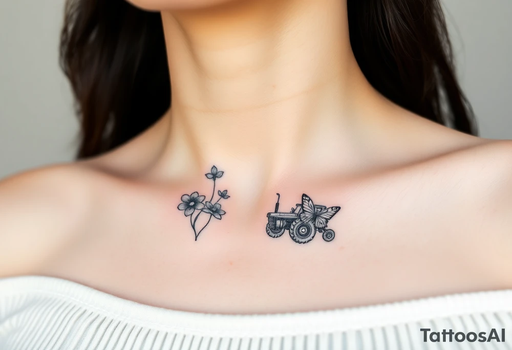 A small feminine tractor with 2 flowers on it and butterfly tattoo idea