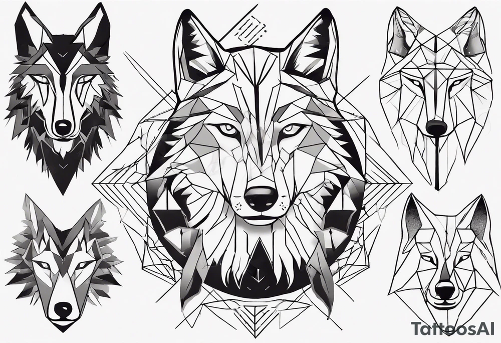 Wolf's face with geometric shapes and impressions of a forest tattoo idea