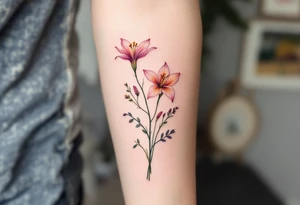 Small bunch of wild flowers including stargazer lilly with stems. Use the watercolour style inspired by Monet’s style with no outline on the florals. tattoo idea