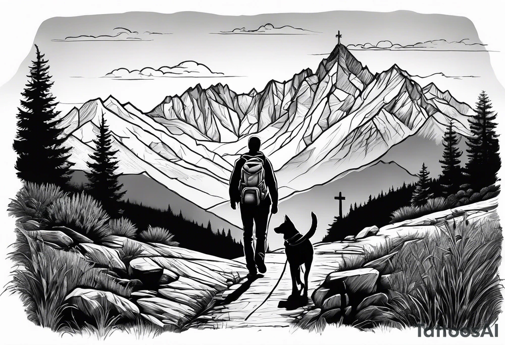 nature, sunset, mountains, a father and son hiking with their dog and cat and a cross tattoo idea