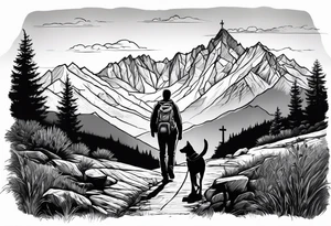 nature, sunset, mountains, a father and son hiking with their dog and cat and a cross tattoo idea