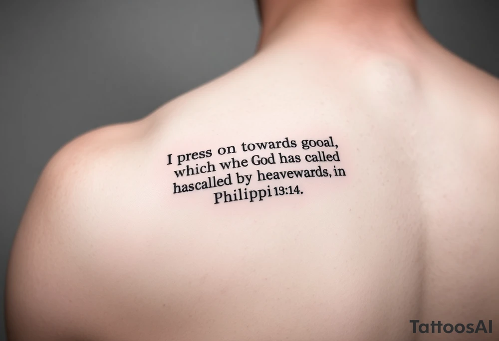 Minimalist tattoo on inner bicep. Mostly text of Philippians 3:14: I press on toward the goal to win the prize for which God has called me heavenward in Christ Jesus. Some design element tattoo idea