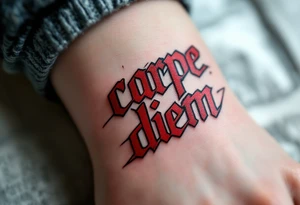 Graffiti-inspired bold red and black lettering "carpe diem", giving the tattoo an urban, rebellious edge. tattoo idea