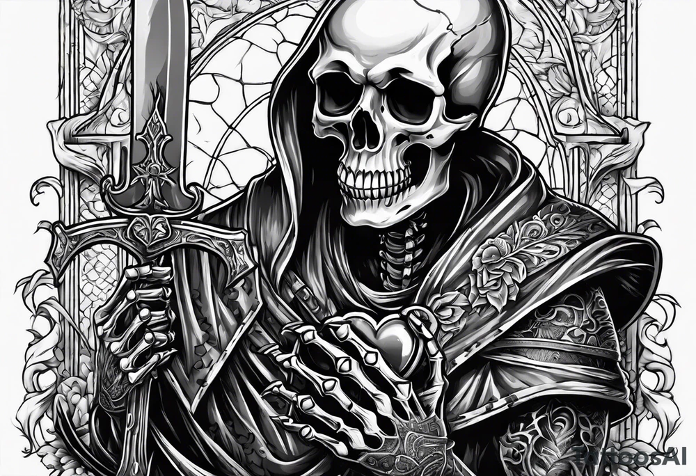 depressed skeleton holding his heart out in his hand with a knife through it tattoo idea