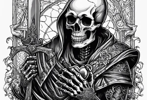 depressed skeleton holding his heart out in his hand with a knife through it tattoo idea