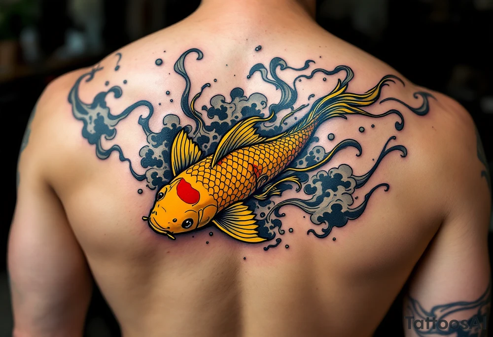 Yellow Koi with Wind Bars and Smoke – A bright yellow koi swimming through stylized Japanese wind bars and curling gray smoke, conveying motion and mystique. tattoo idea