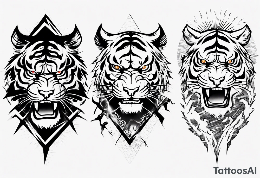 Tiger warrior with lightning and the sun for a forearm sleeve tattoo idea