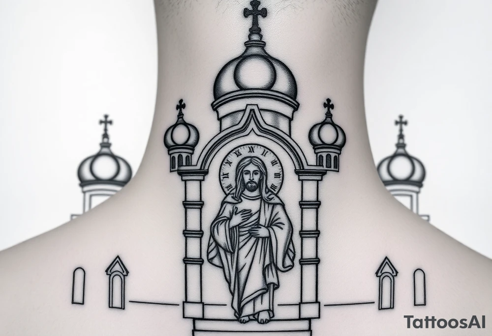 medium sized Russian orthodox church with bulb domes with a prominent russian orthodox mosaic jesus tattoo idea