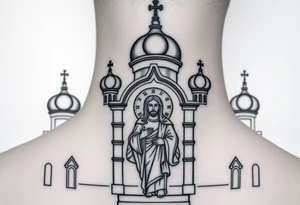 medium sized Russian orthodox church with bulb domes with a prominent russian orthodox mosaic jesus tattoo idea