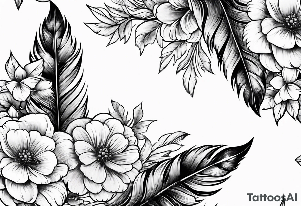 Feather with flowers tattoo idea