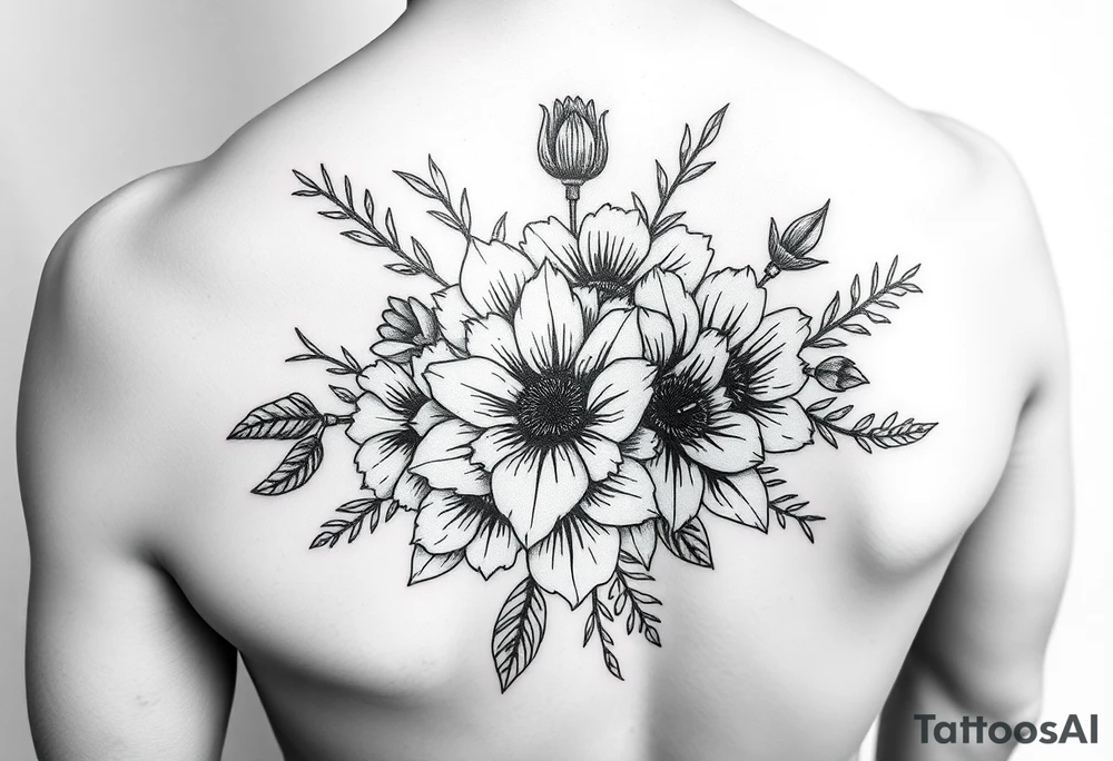 Birth flower bouquet with August August November August and October birth flowers tattoo idea