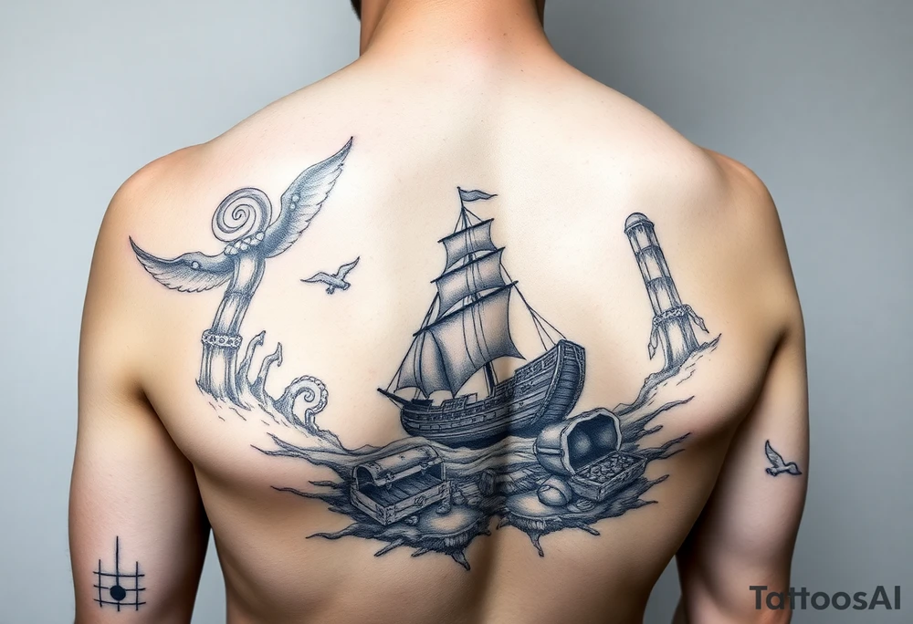 Underwater Atlantis with sunken ship and treasure chest arm sleeve tattoo idea