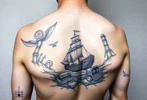 Underwater Atlantis with sunken ship and treasure chest arm sleeve tattoo idea