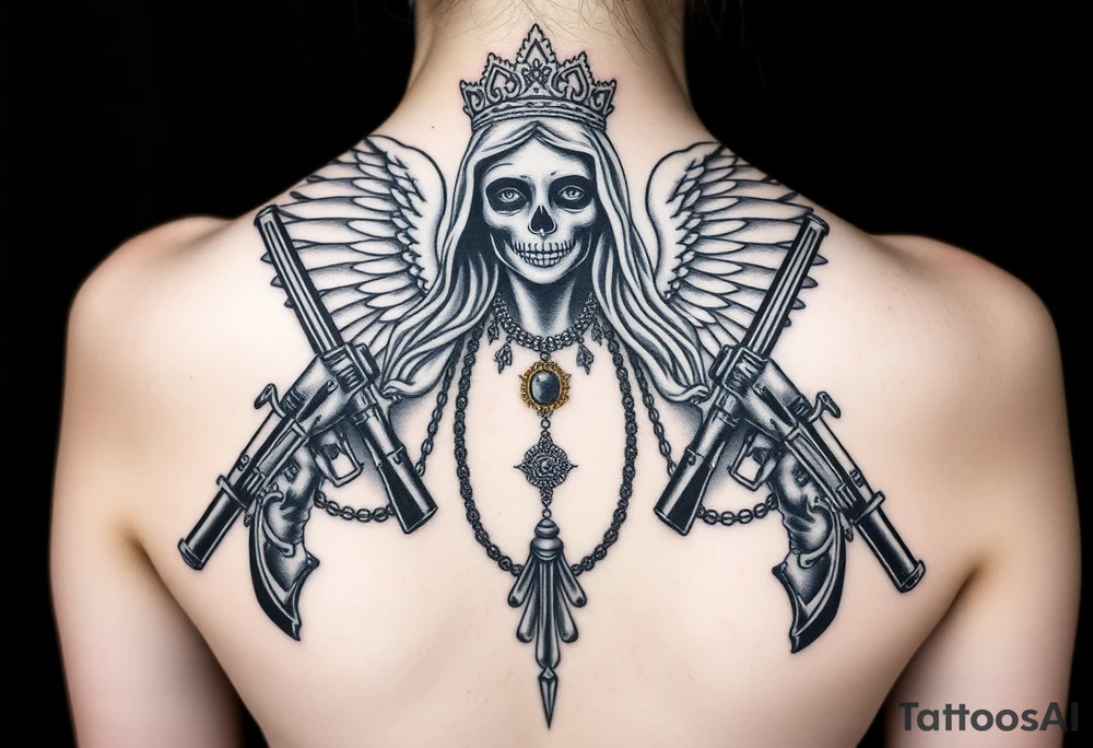 old angel statue (Santa Muerte style) criminal style tattooed and at the same time contemporary, weapons in hand, gangster-style gold necklaces tattoo idea