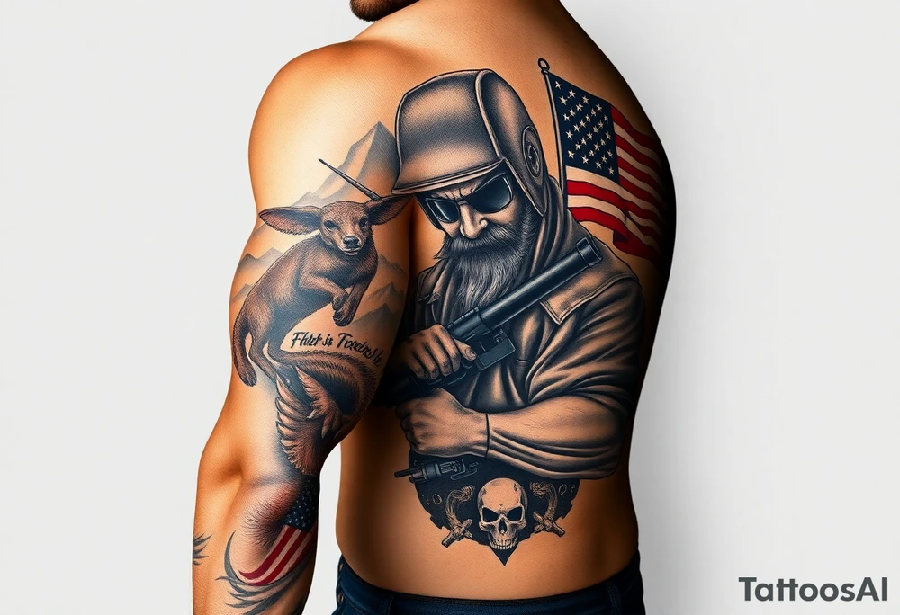 see country, mountains, wildlife, nature, racing , father of 4,
blue collar,  American flag, welder tattoo idea