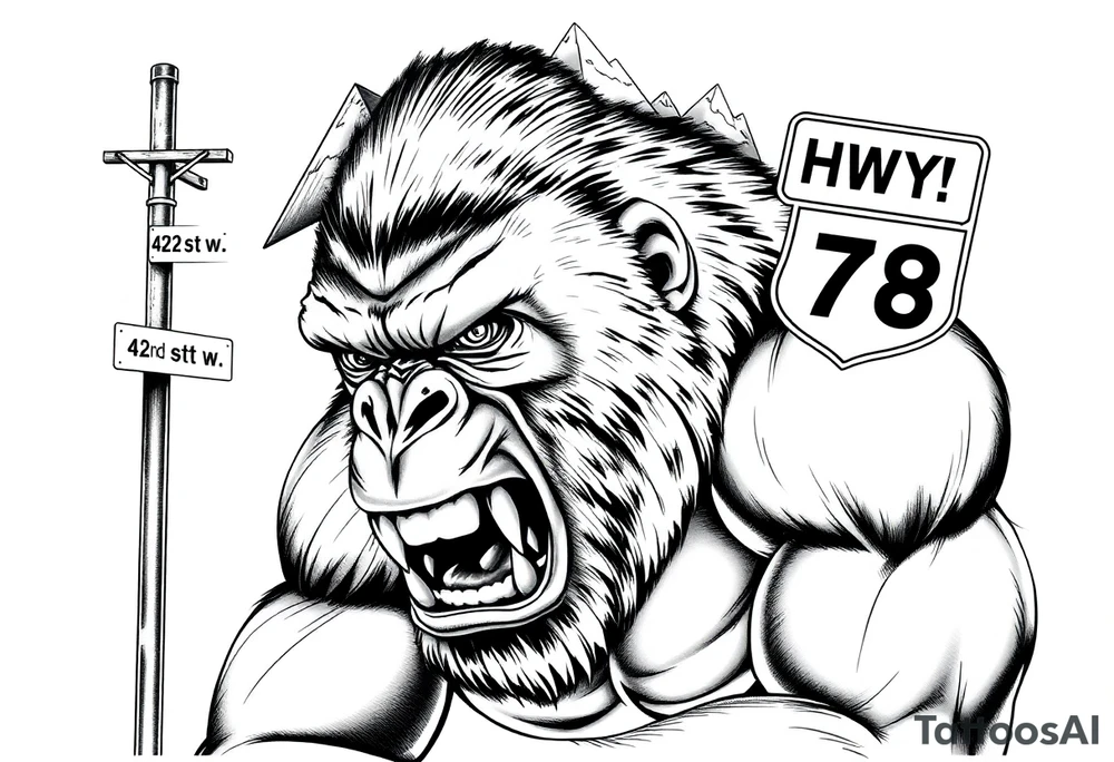powerful aggressive and angry gorilla with a street sign with a pole on the left that says “42nd st w”, a highway sign on the right that says “HWY 78” and pyramids above the ape’s head that have snow on them all in close proximity. tattoo idea