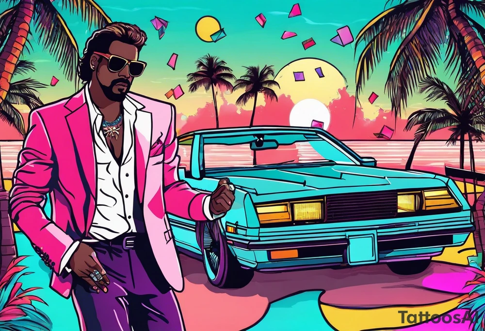 1980's miami vice style dance party with boom box, confetti, music notes in a retro eighties beach theme tattoo idea