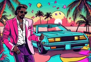 1980's miami vice style dance party with boom box, confetti, music notes in a retro eighties beach theme tattoo idea