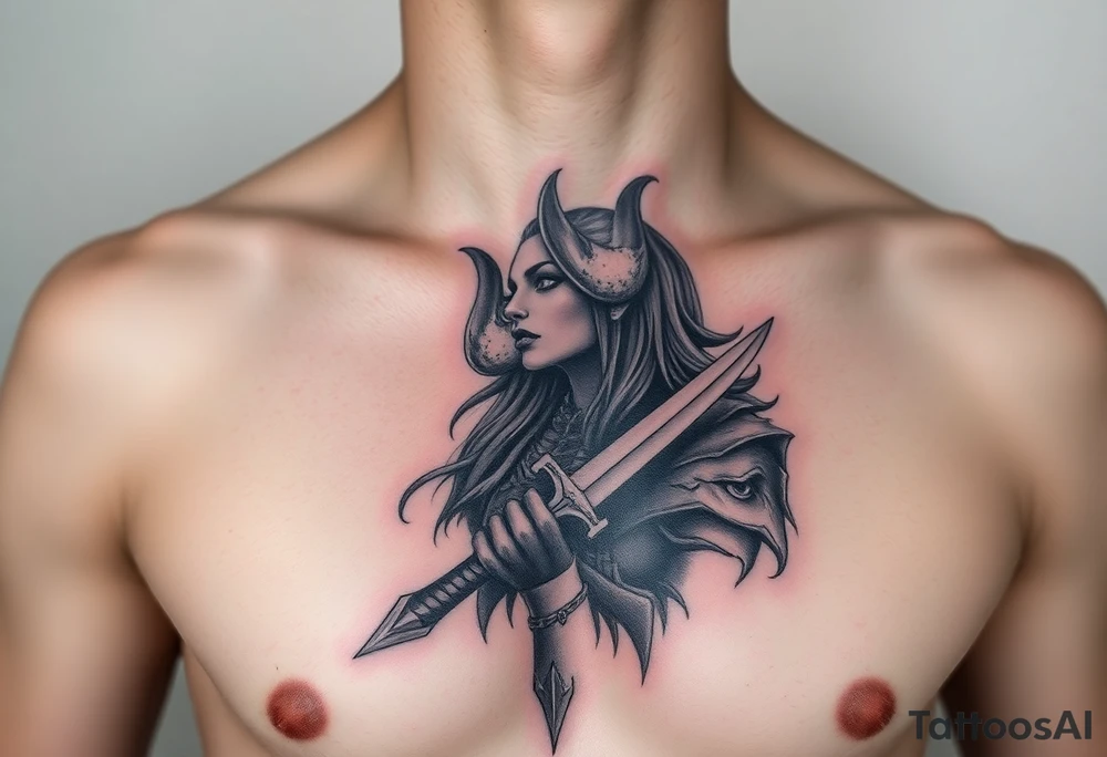 Feminine Tattoo dark female warrior with dagger and realistic horns just barley touching collarbone with a lot of shading tattoo idea