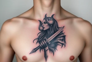 Feminine Tattoo dark female warrior with dagger and realistic horns just barley touching collarbone with a lot of shading tattoo idea