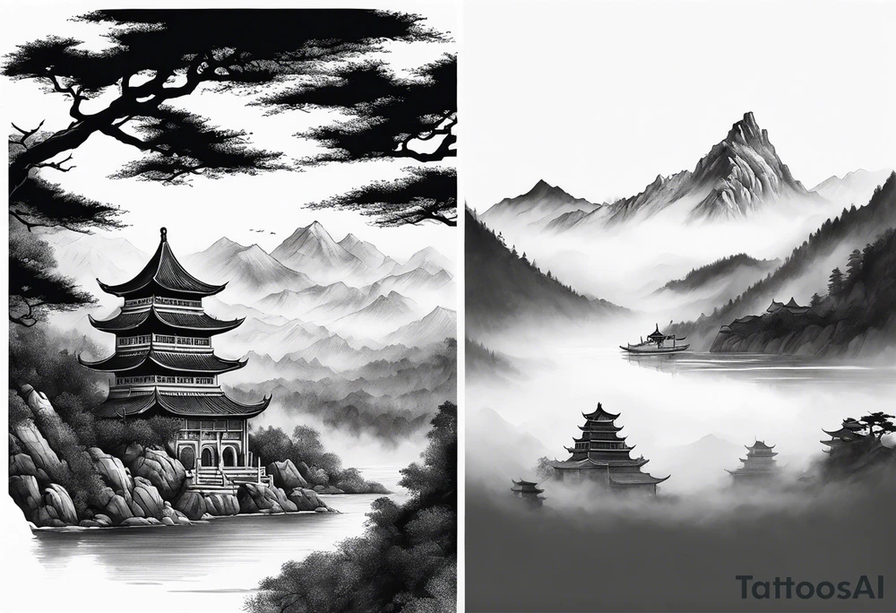 forearm sleeve traditional chinese art painting style autumn mountains mist fog water Chinese temple two figures wearing robes tattoo idea